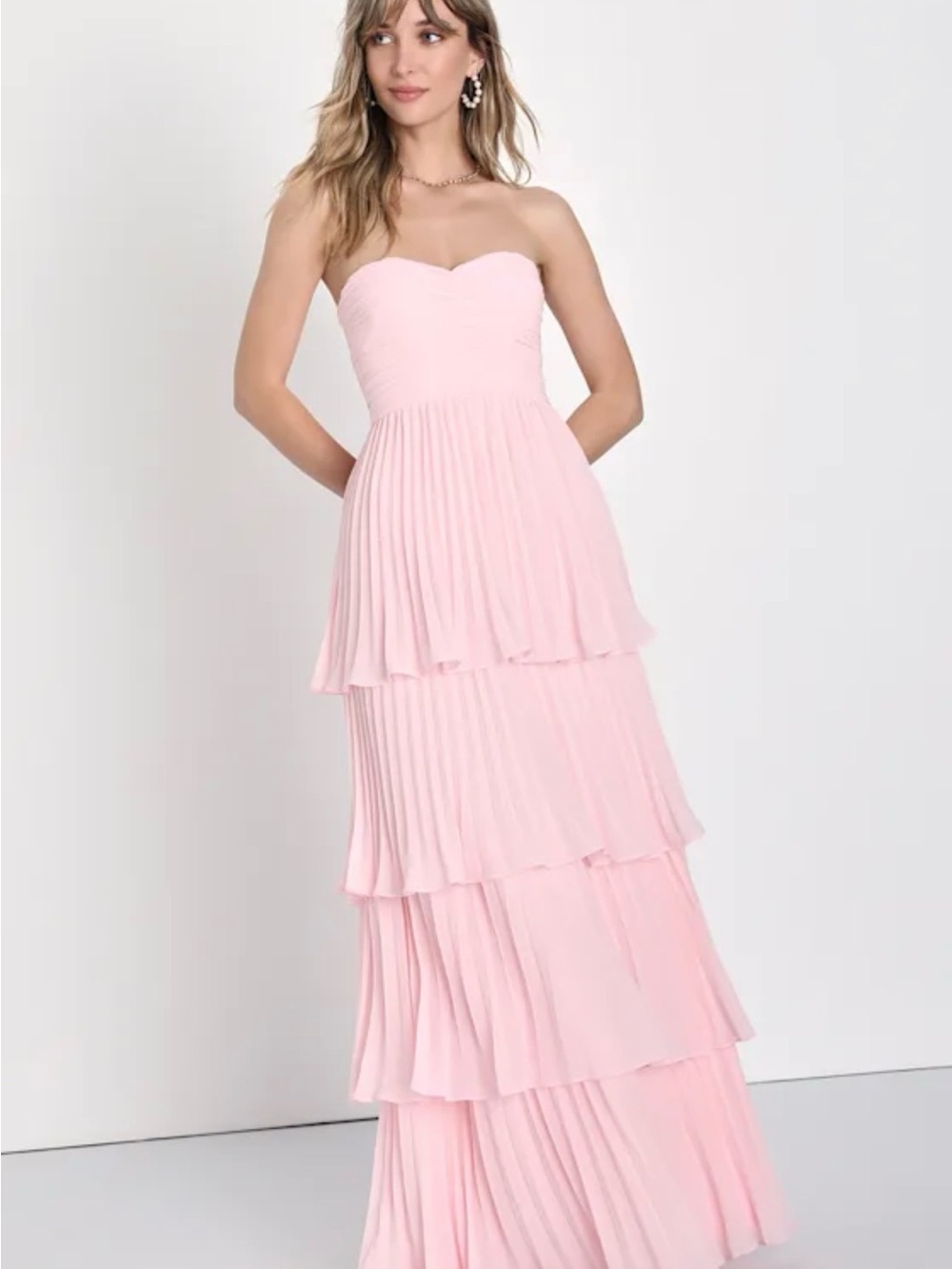 Lulu's Strapless Tiered Pleated Maxi Dress - Light Pink